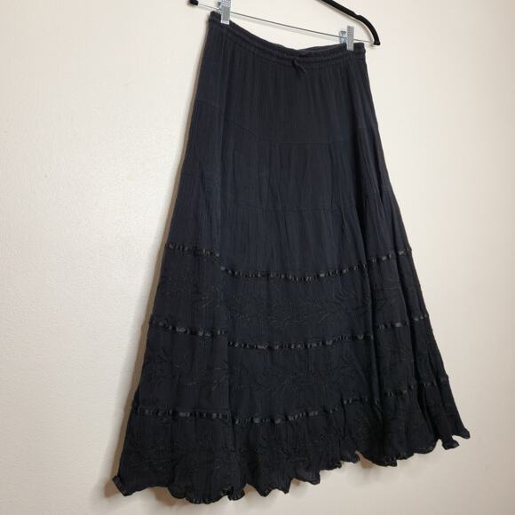 Vintage y2k Boho Western Maxi Skirt Cotton Black Embroidered Tiered Med Sand Sun - Picture 2 of 5